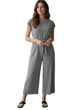 Black & White Gingham Short-Sleeve Tie-Waist Jumpsuit
